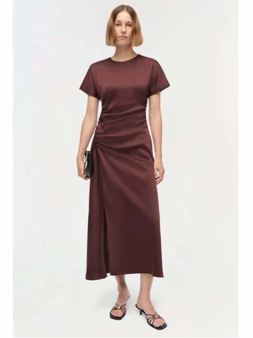 NEW SIMKHAI marabella draped satin midi dress in mahogany sz 2